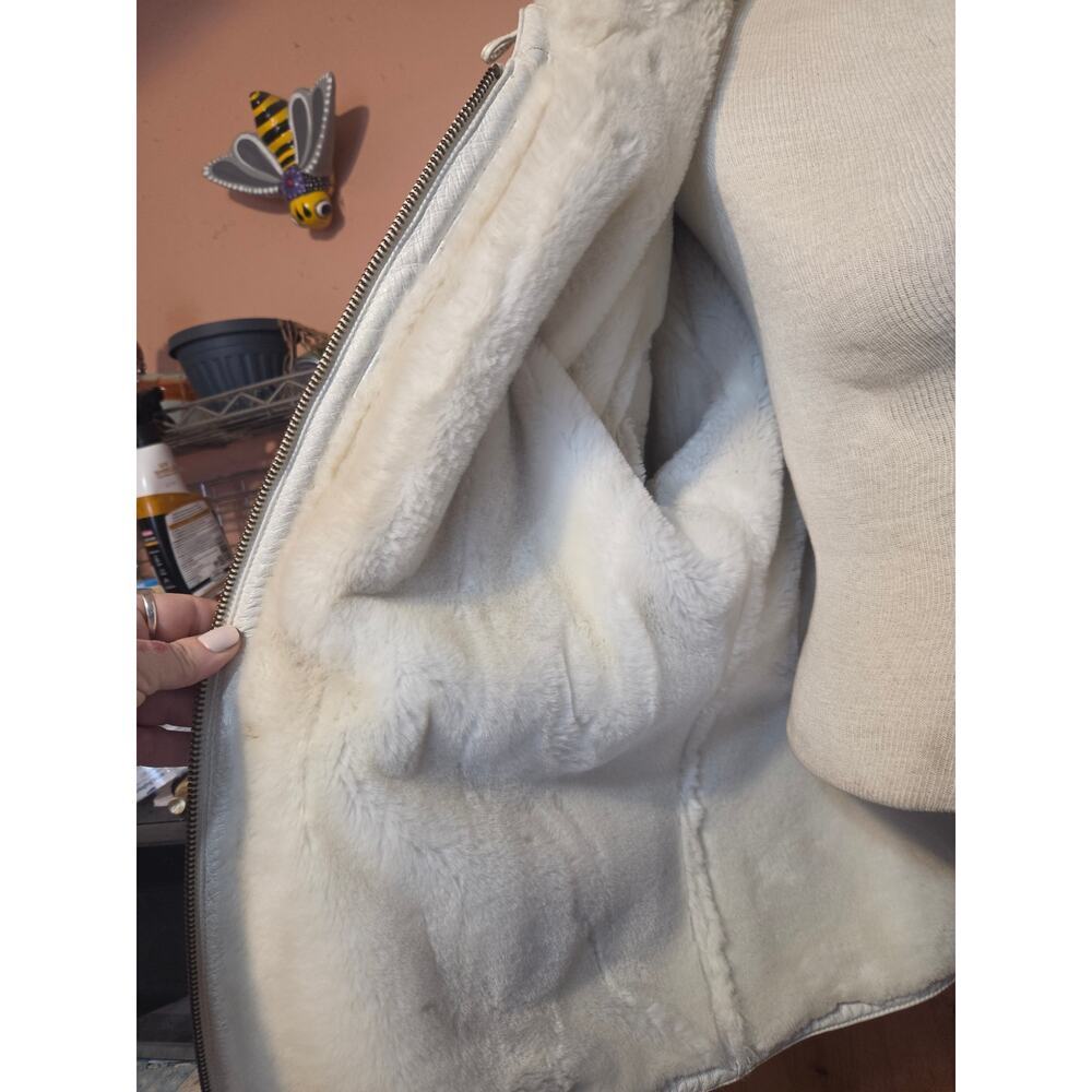 Vintage Y2k Wilsons Leather Fuzzy Lined Coat With Hood White Womens Size Large - Picture 4 of 11